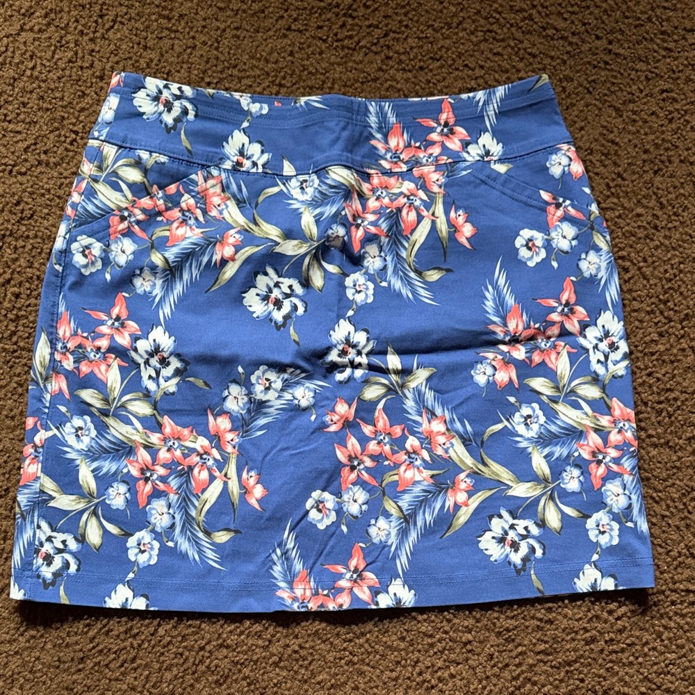 Blue Floral Stretch Skirt with Coral Accents